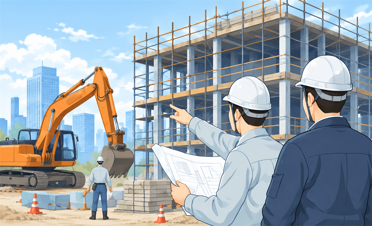 建設業:建設現場で図面を確認する作業員のイラスト