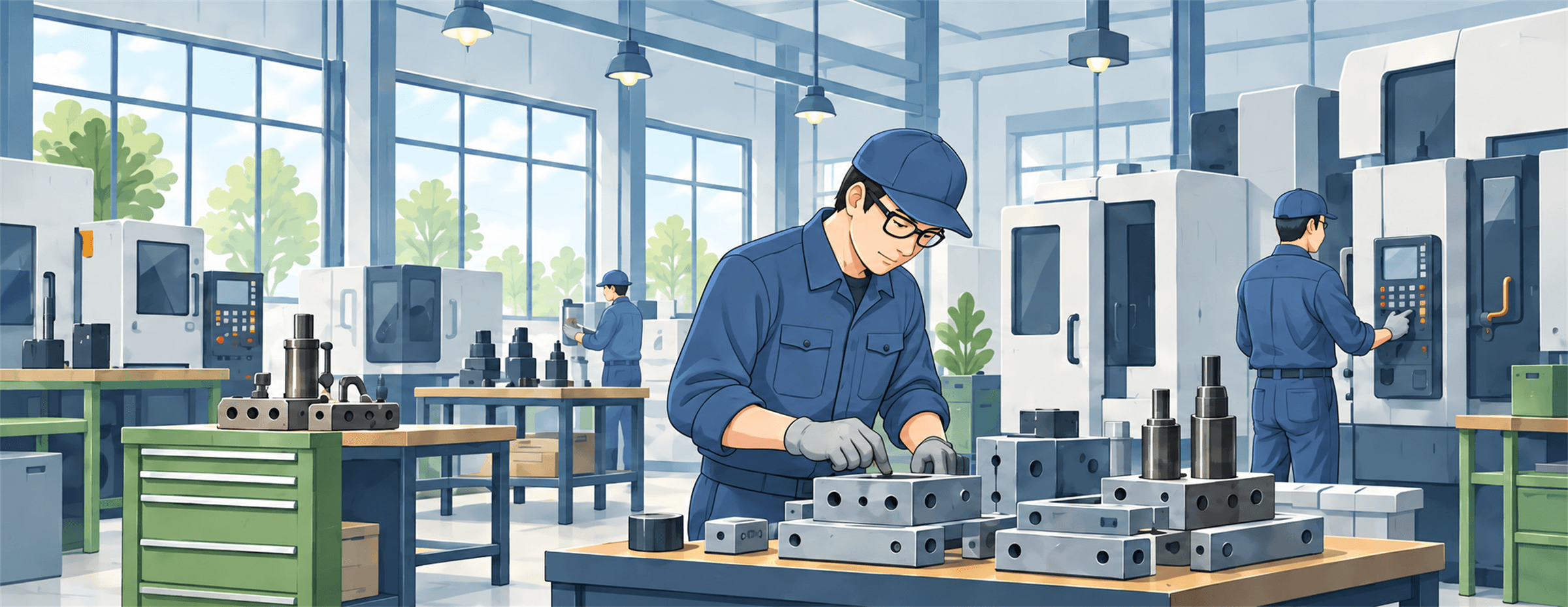 製造業:工場で機械部品を加工する作業員のイラスト